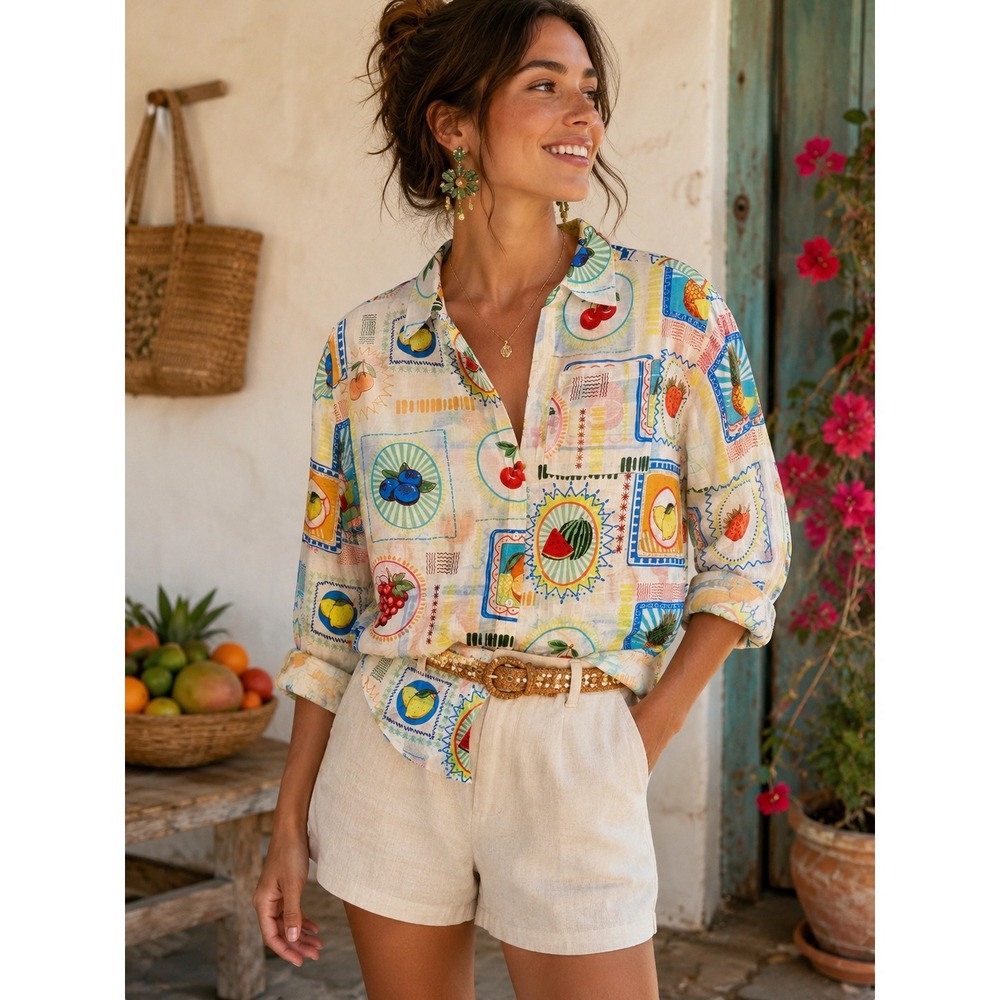 Taelynn Tropical Fruit Stamp Print Button Up Shirt Multi Color Size S farm rio